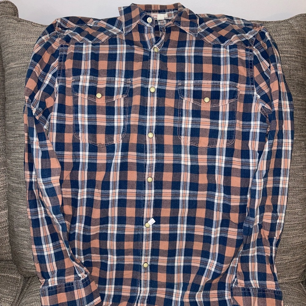 Lucky Brand Navy and Peach Plaid Casual Shirt